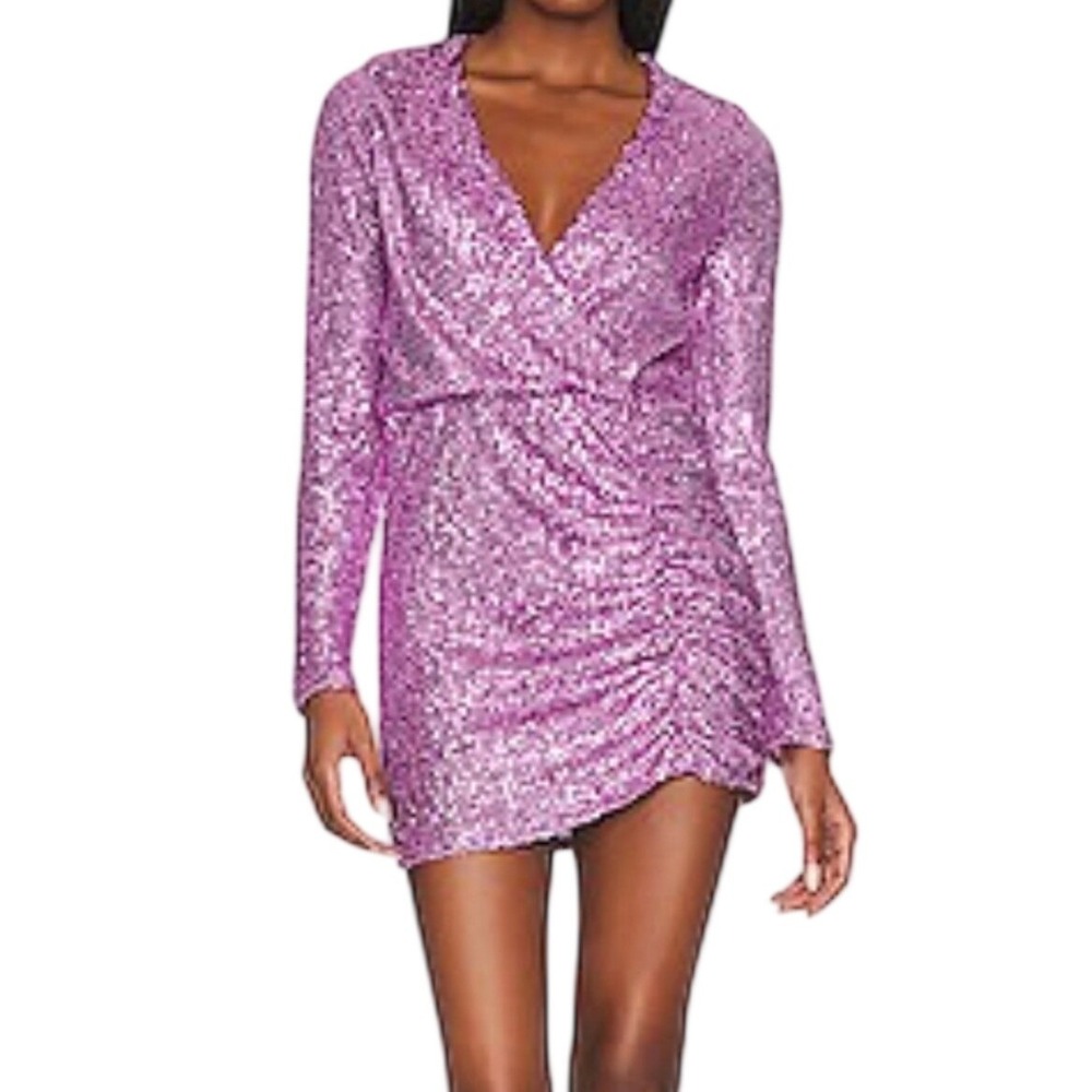 Show Me Your Mumu Pink Sequin Mini Dress Long Sleeve Ruched Wrap V-Neck Small